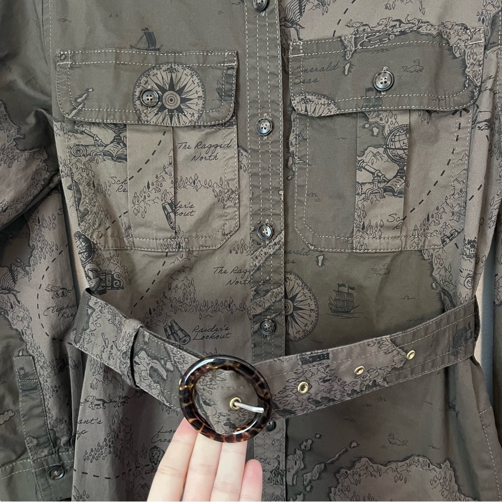 Banana Republic Map Print Safari Belted Button Front Utility Shirt Dress Green - Picture 4 of 8